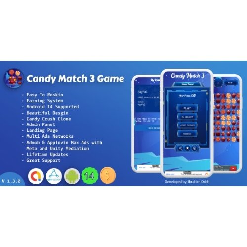 Candy Match 3 Game with Earning System and Admin Panel Landing Page