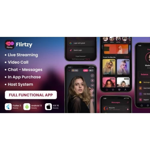 Flirtzy Live streaming Video Call Chat Host Android iOS Node JS React JS with Backend