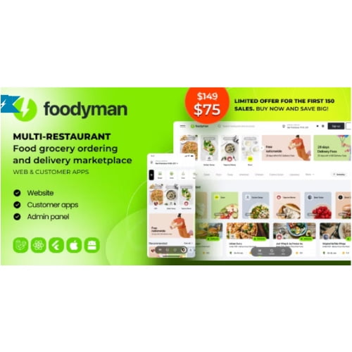 Foodyman Multi Restaurant Food Grocery Ordering and Delivery Marketplace Web Customer Apps Nulled