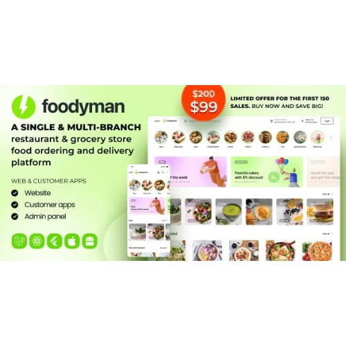Foodyman Single Multi Branch Restaurant Grocery Food Ordering Delivery Platform