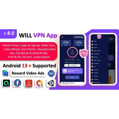 WILL VPN App Nulled VPN App With Admin Panel Secure VPN Fast VPN Refer Earn Reward Lucky Wheel Free 
