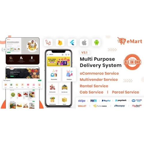 eMart Multivendor Food eCommerce Parcel Taxi booking Car Rental App with Admin and Website